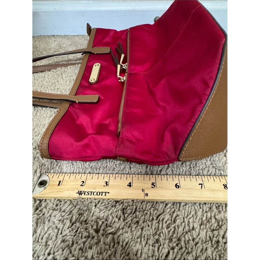 Michael Kors Kempton Nylon Tote Red Tan Leather Trim Travel Casual Contemporary